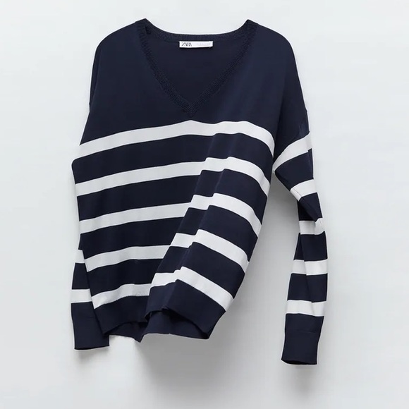 NWT Zara Minimalist RARE Preppy Long Sleeve Striped V-Neck Sweater - Picture 8 of 15